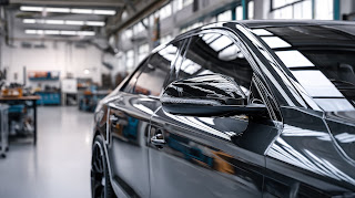 Close-up of a freshly tinted vehicle window in the shop