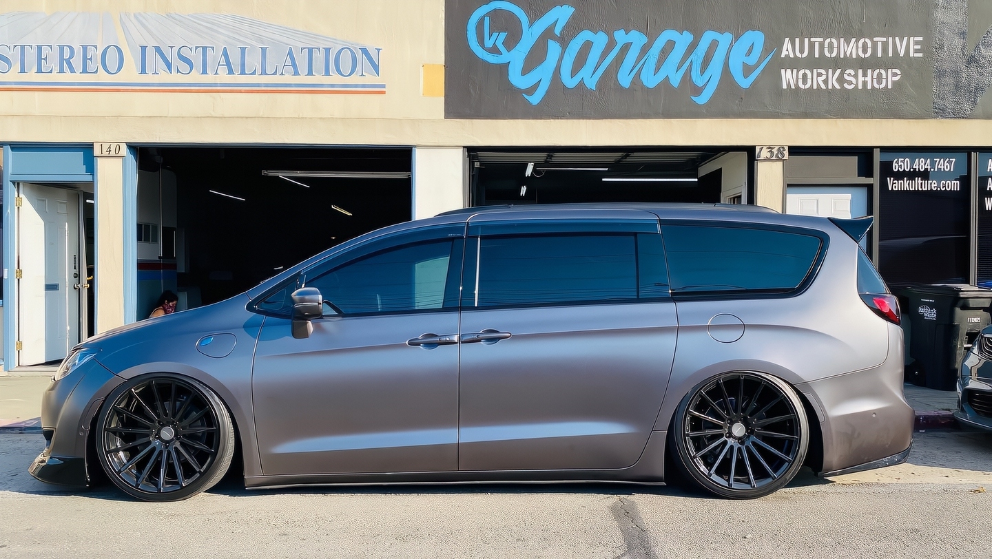 Van Culture minivan on air suspension parked at the VK Garage shop front