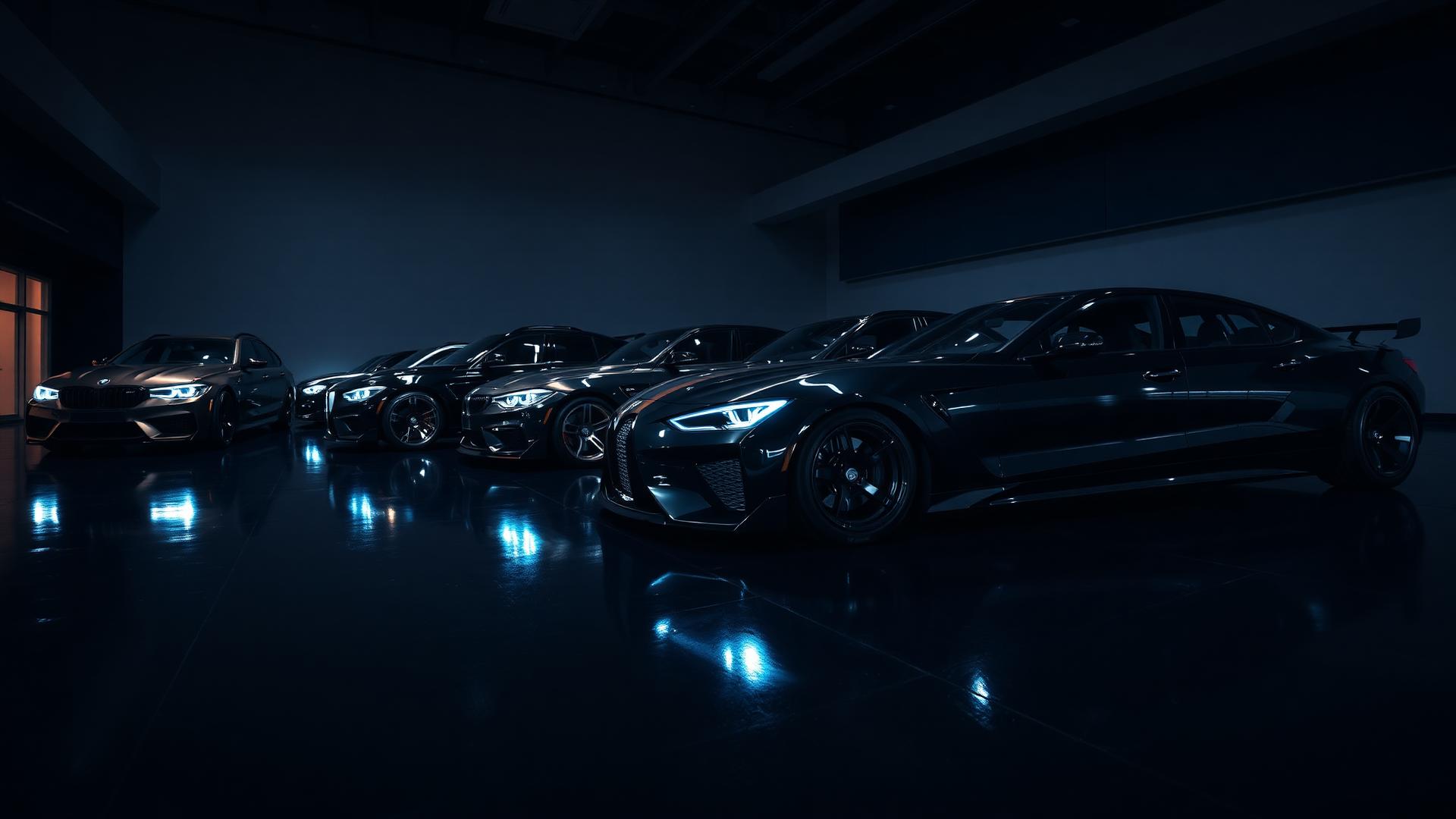 Dark performance cars with tinted windows lined up in a showroom